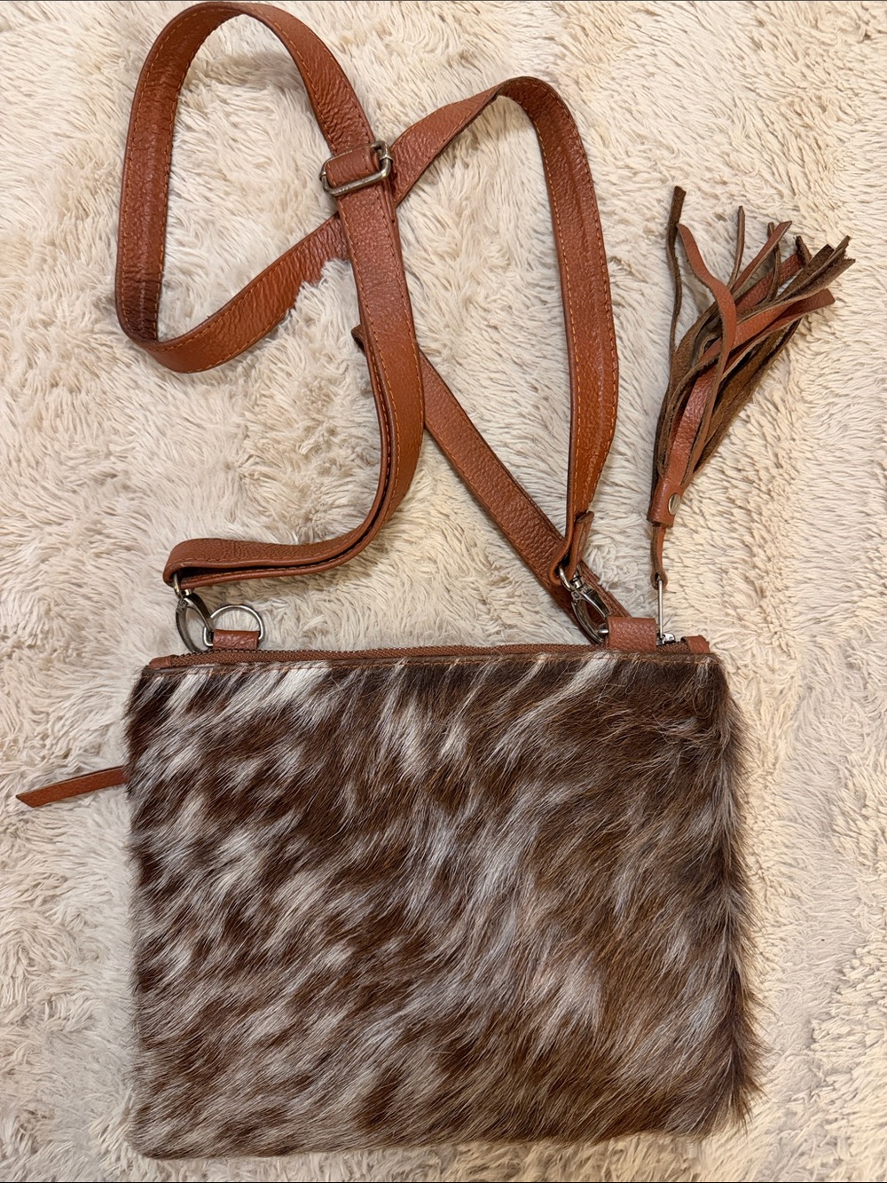 Brown Haircalf Crossbody Bag with Tassel
